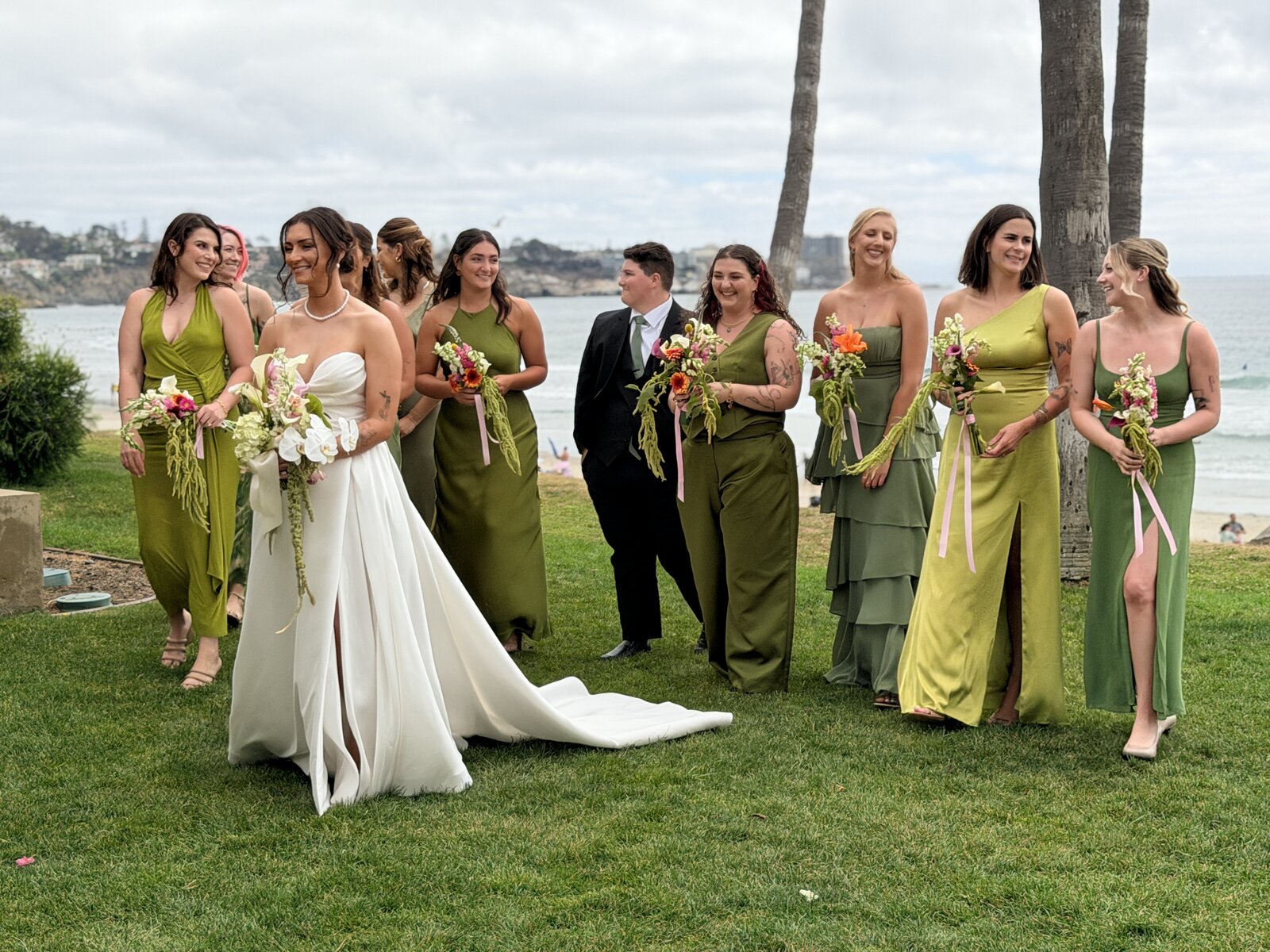 Bride and bridesmaids walking