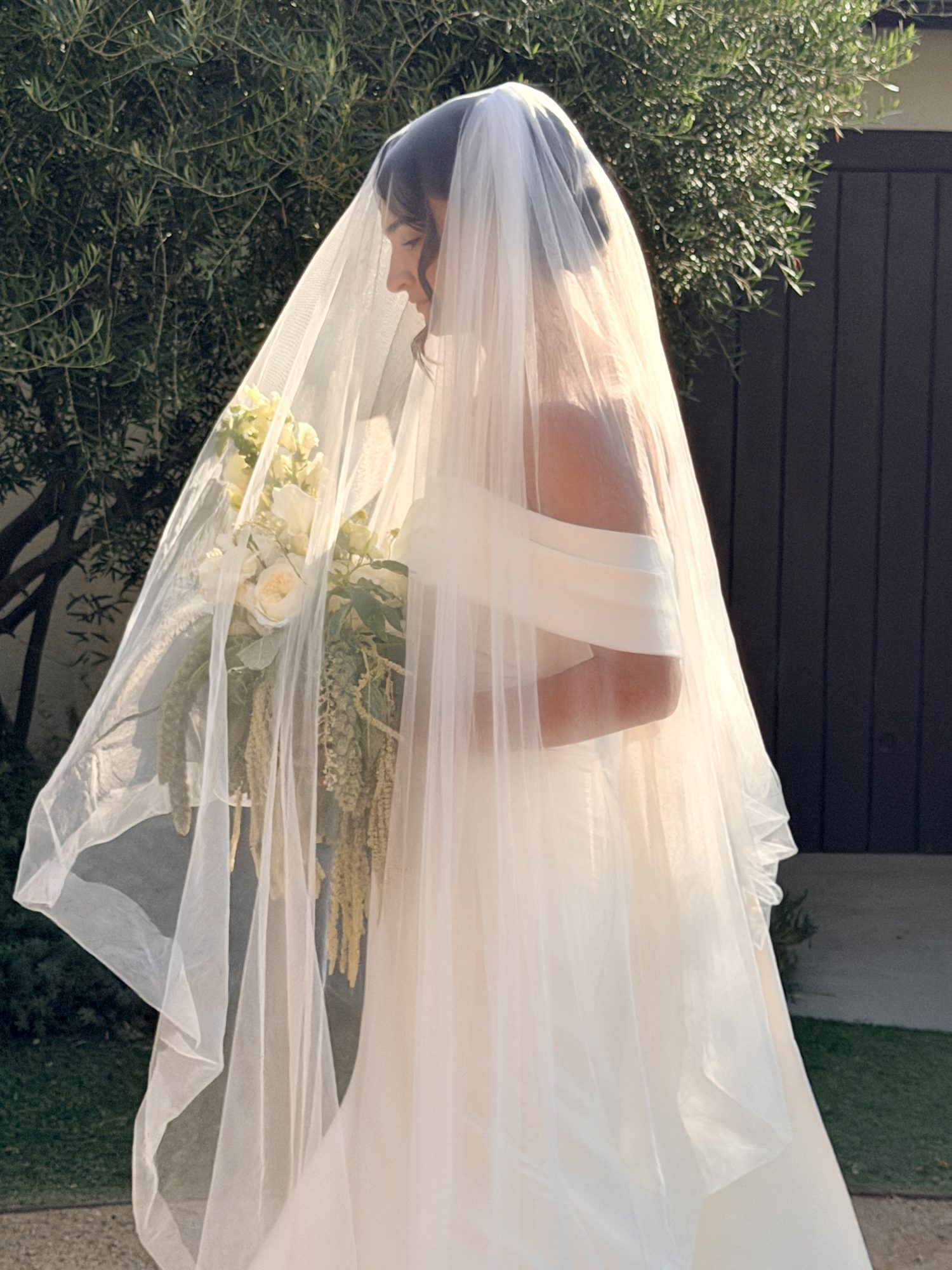 Bride in veil, profile portrait with bouquet by olive tree