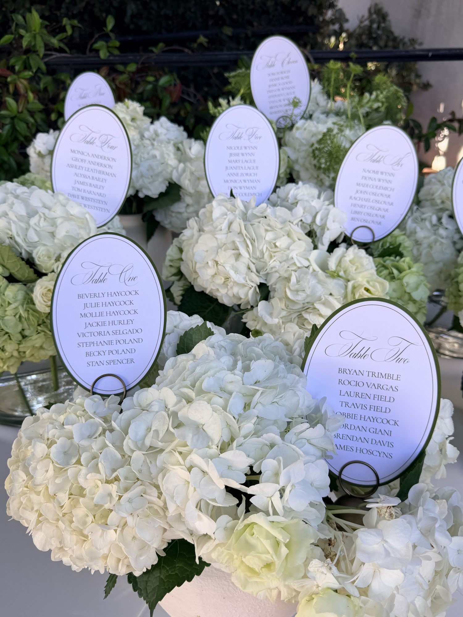 Seating chart cards displayed among white hydrangea