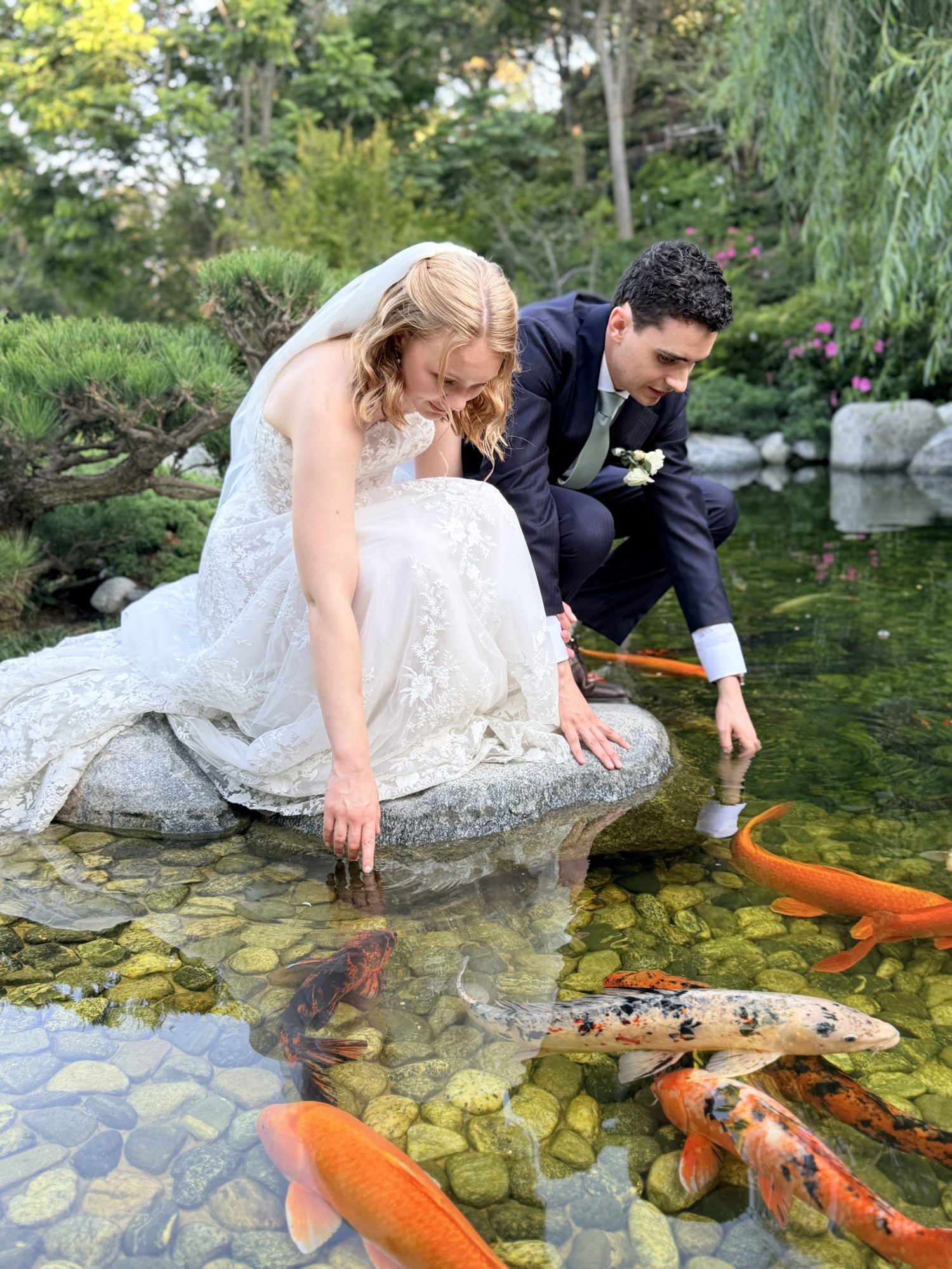 Bride and groom crouched by koi pond touching the water
